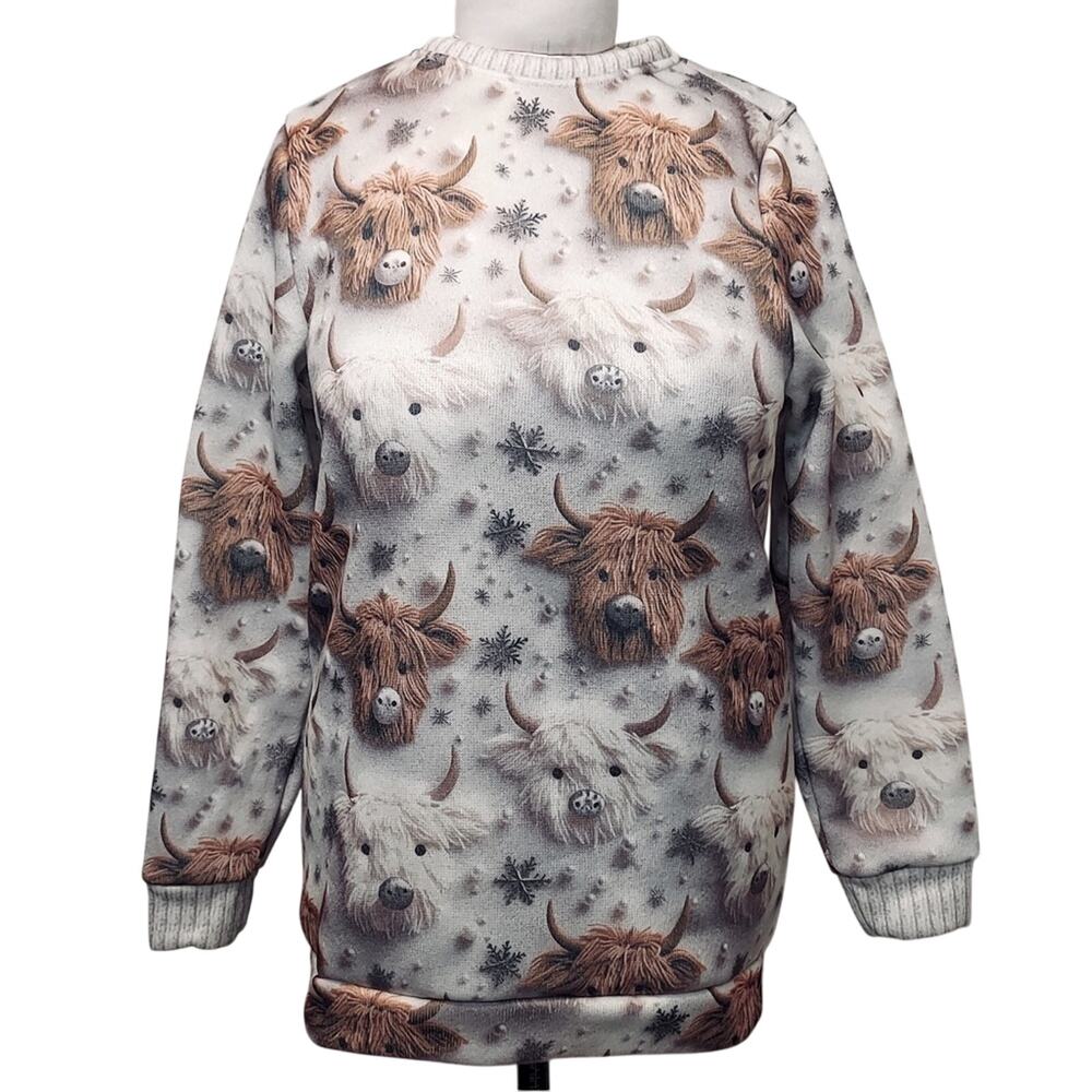 Knit Winter Cow Lover Beaded Yarn Animal Long Sleeve Pullover Crew Neck Sweater